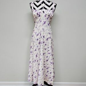 Floral Purple & White Milk Maid Style Dress Corset & Front Front Slit Size L